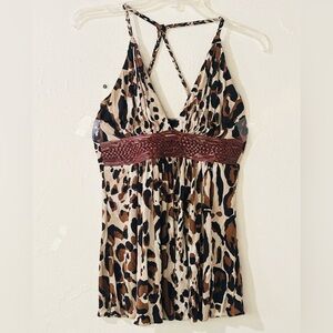 Sky Y2K Vintage Leopard Print Crossover Back Top Leather Detail